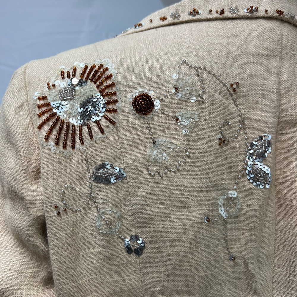 Bebe Vintage Y2K Women's S Beige Linen Beaded Sequins Long Single Button Jacket - Picture 6 of 9